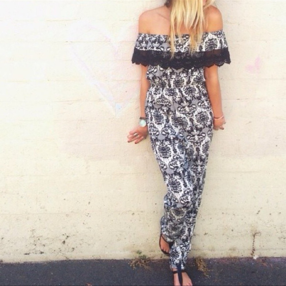 LF boho print off shoulder jumpsuit